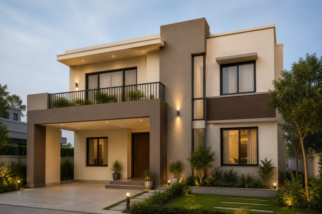 AN EXTERIOR HOUSE WELL CONSTRUCTED AND PAINTED BY PROFESSIONAL COLORS AND WELL DECORATED BY EXTENTIONS LIKE PLANTS AND GRILLS AND TEXTURED .