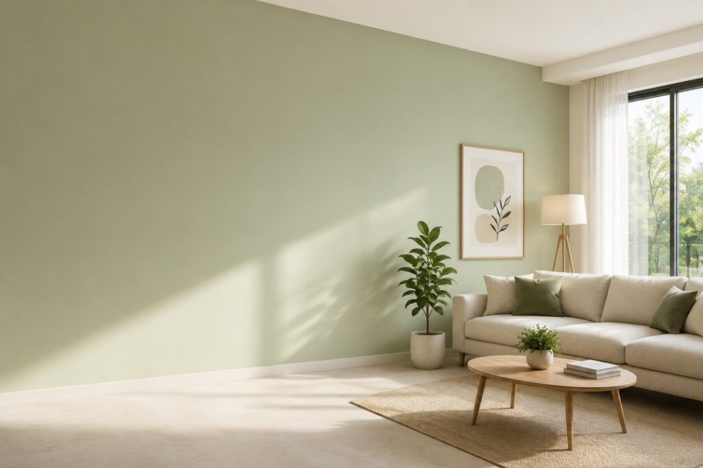 A WELL COLORED WALL AND WITH A LITTLE BIT OF FURNITURE AREA A SHOWN CHAIR AND SUN LIGHTINING COMING FROM WINDOW AND A WALL PAINTED LOOKING VERY BEAUTIFUL IN THIS IAMGE